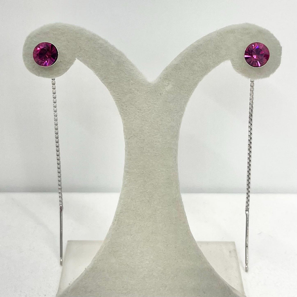Sterling Silver Fuchsia Pink Glass Round Cut Crystal Pull Through Drop Earrings 6mm TheGreenGlassGemShop