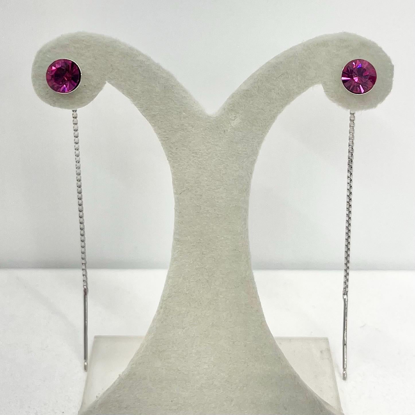 Sterling Silver Fuchsia Pink Glass Round Cut Crystal Pull Through Drop Earrings 6mm TheGreenGlassGemShop