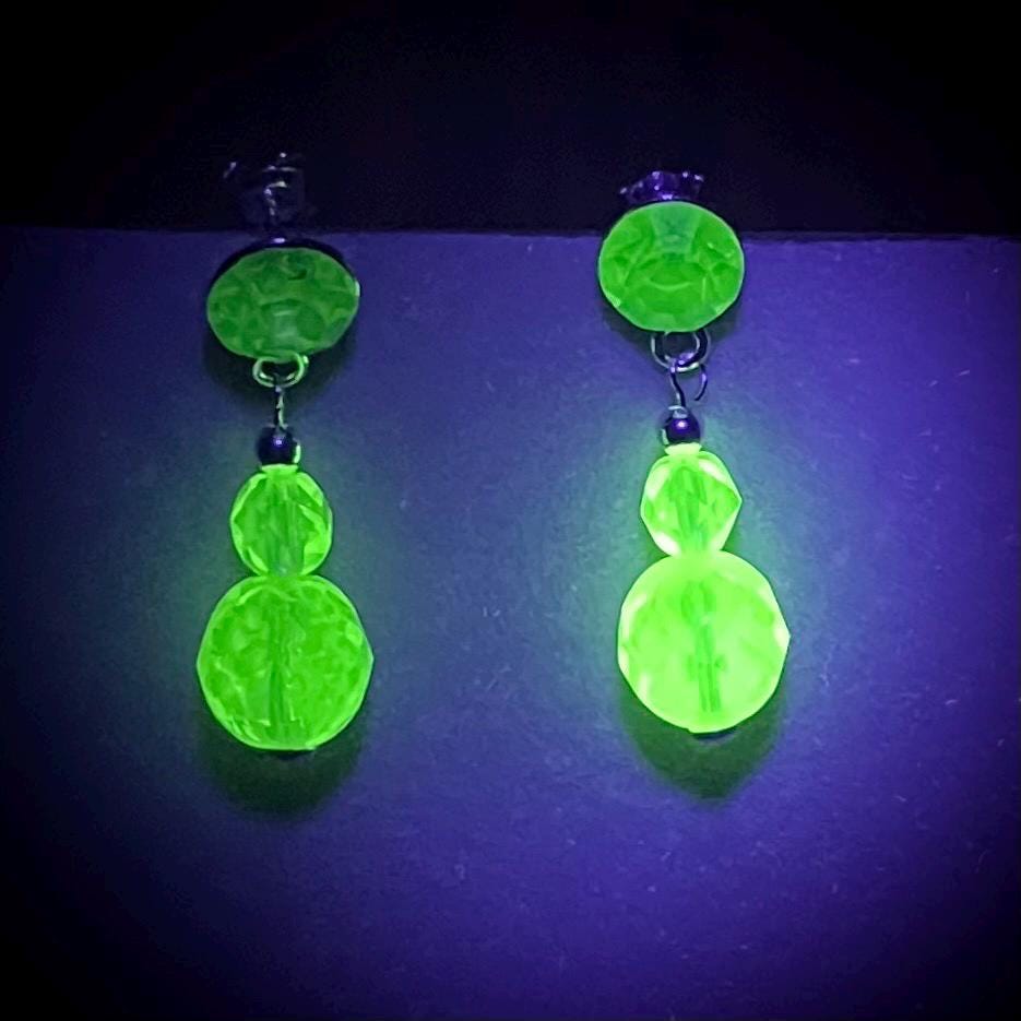 Sterling Silver Yellow & Green Uranium Glass and Crystal Bead Drop Stud Earrings with a UV Reactive Glow UV Jewellery TheGreenGlassGemShop