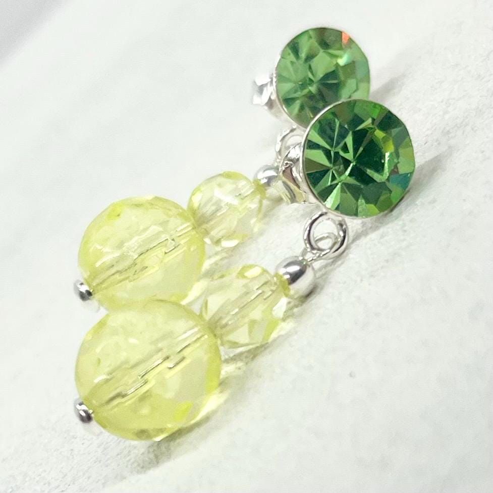Sterling Silver Yellow & Green Uranium Glass and Crystal Bead Drop Stud Earrings with a UV Reactive Glow UV Jewellery TheGreenGlassGemShop