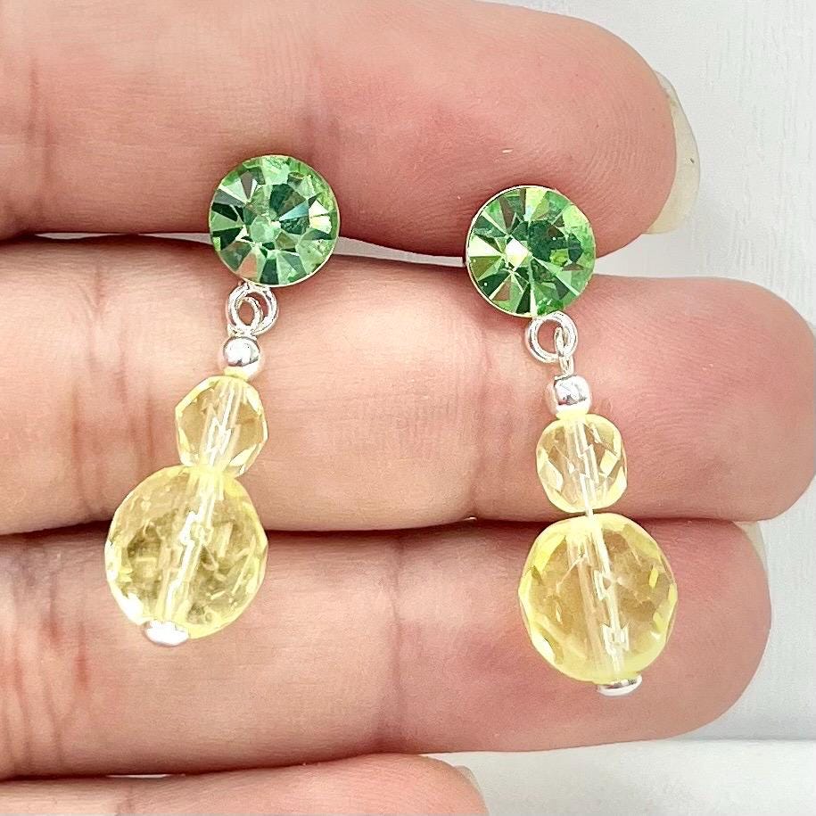 Sterling Silver Yellow & Green Uranium Glass and Crystal Bead Drop Stud Earrings with a UV Reactive Glow UV Jewellery TheGreenGlassGemShop