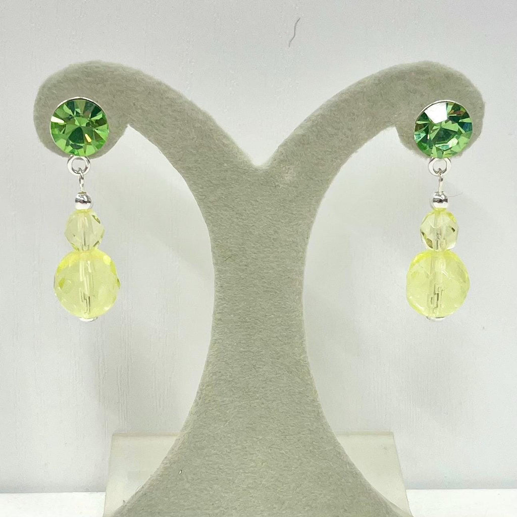 Sterling Silver Yellow & Green Uranium Glass and Crystal Bead Drop Stud Earrings with a UV Reactive Glow UV Jewellery TheGreenGlassGemShop