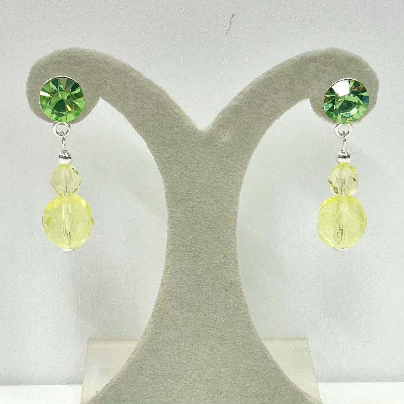 Sterling Silver Yellow & Green Uranium Glass and Crystal Bead Drop Stud Earrings with a UV Reactive Glow UV Jewellery TheGreenGlassGemShop