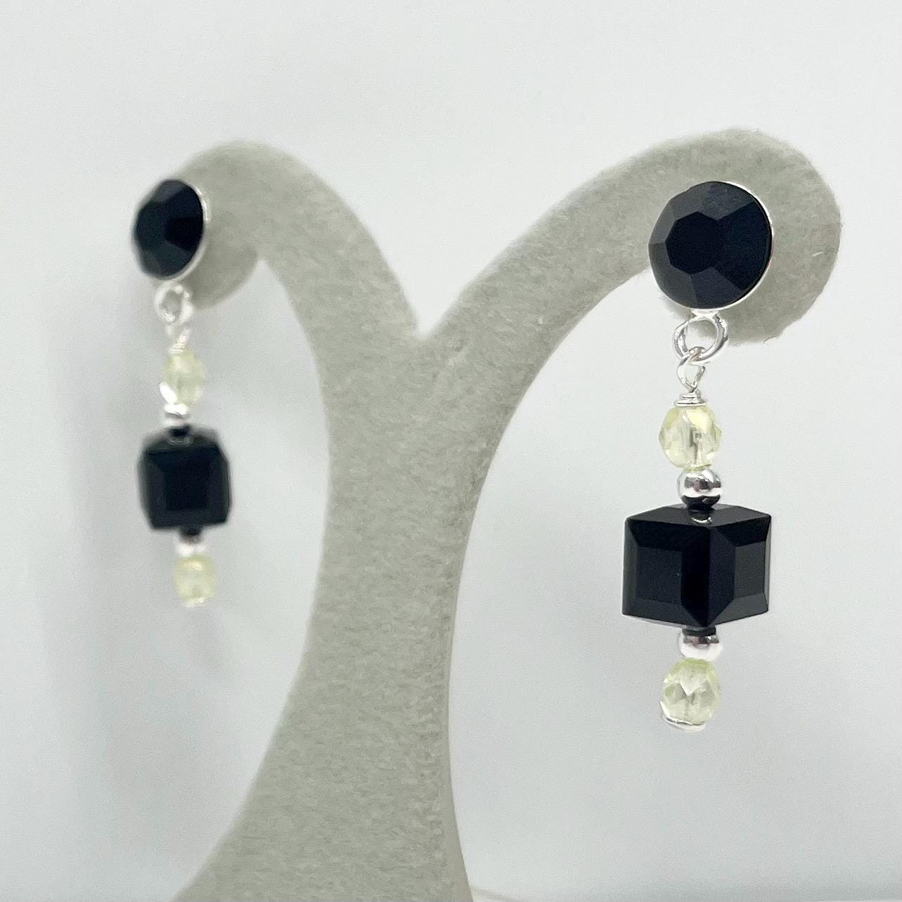 Sterling Silver Yellow Uranium Glass and Jet Black Cube Crystal Bead Drop Stud Earrings with a UV Reactive Glow UV Jewellery TheGreenGlassGemShop