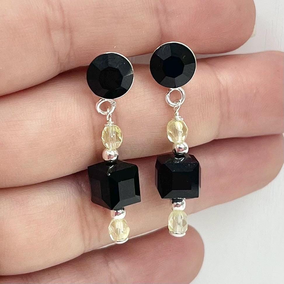 Sterling Silver Yellow Uranium Glass and Jet Black Cube Crystal Bead Drop Stud Earrings with a UV Reactive Glow UV Jewellery TheGreenGlassGemShop