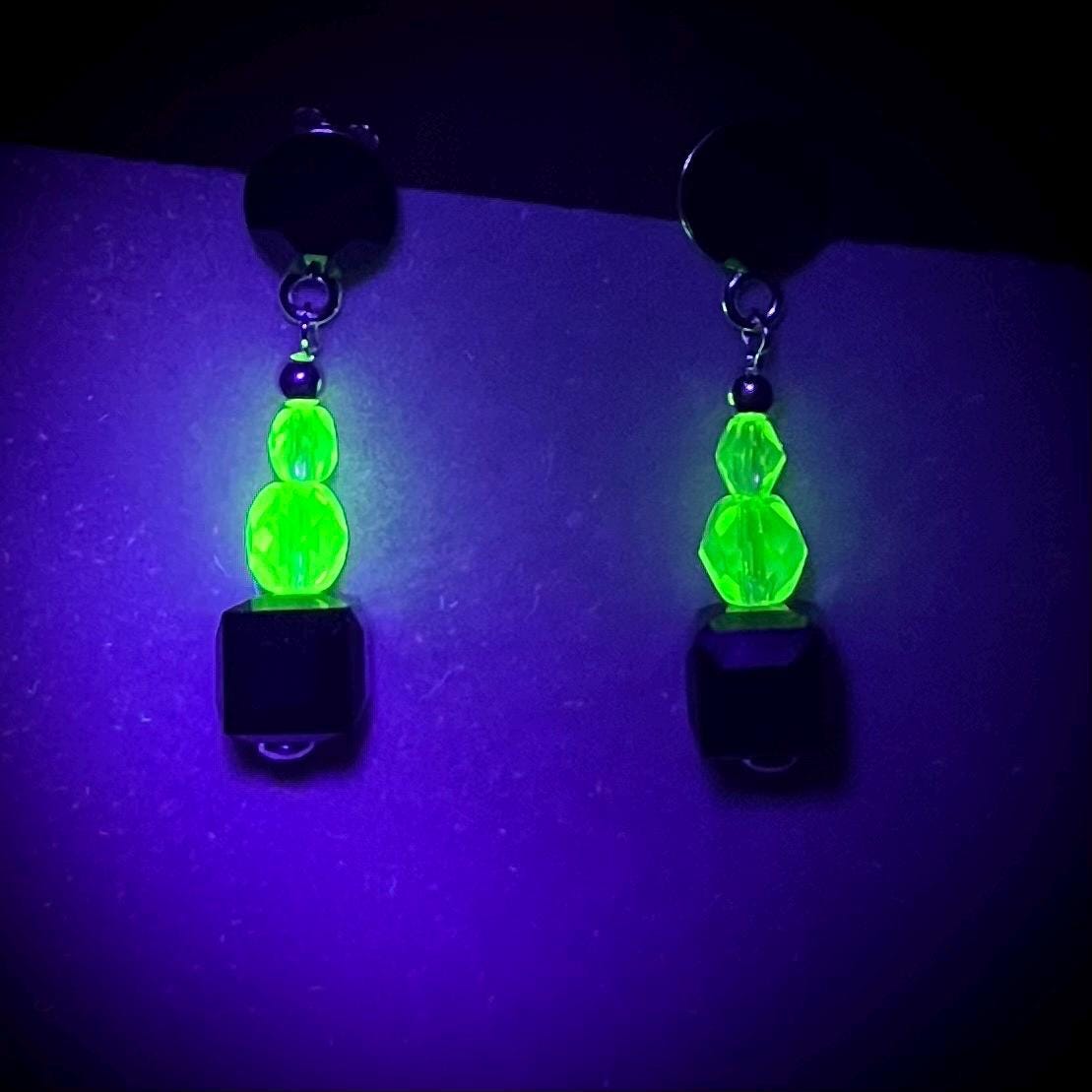 Sterling Silver Yellow Uranium Glass Bead and Jet Black Cube Crystal Drop Stud Earrings with a UV Reactive Glow UV Jewellery TheGreenGlassGemShop