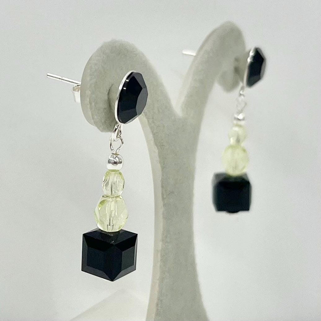 Sterling Silver Yellow Uranium Glass Bead and Jet Black Cube Crystal Drop Stud Earrings with a UV Reactive Glow UV Jewellery TheGreenGlassGemShop