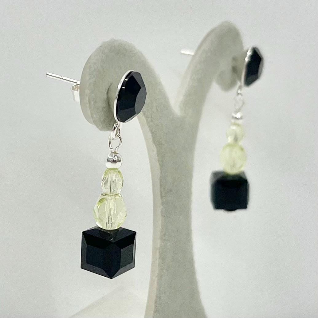 Sterling Silver Yellow Uranium Glass Bead and Jet Black Cube Crystal Drop Stud Earrings with a UV Reactive Glow UV Jewellery TheGreenGlassGemShop