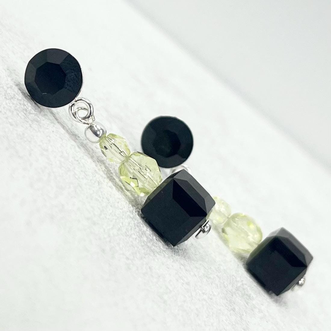 Sterling Silver Yellow Uranium Glass Bead and Jet Black Cube Crystal Drop Stud Earrings with a UV Reactive Glow UV Jewellery TheGreenGlassGemShop
