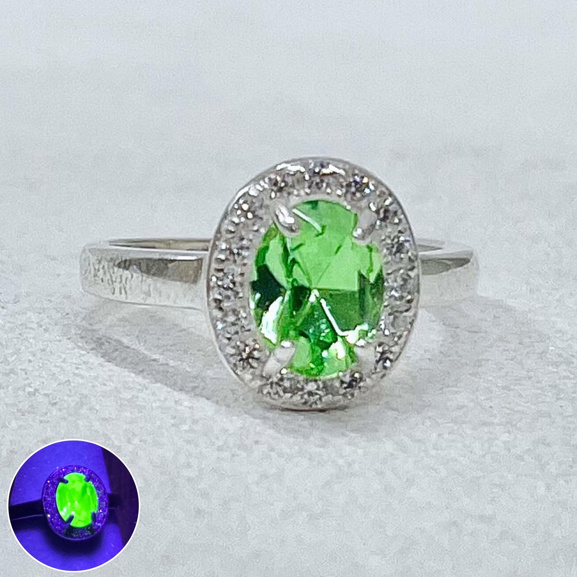 Sterling Silver Uranium Glass Oval Cut Crystal Dress Ring with a Clear Crystal Sparkling Halo UV Reactive Glow UV Jewellery Size uk M 1/2 TheGreenGlassGemShop