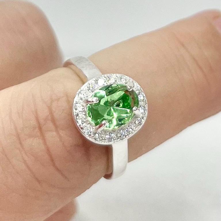 Sterling Silver Uranium Glass Oval Cut Crystal Dress Ring with a Clear Crystal Sparkling Halo UV Reactive Glow UV Jewellery Size uk M 1/2 TheGreenGlassGemShop