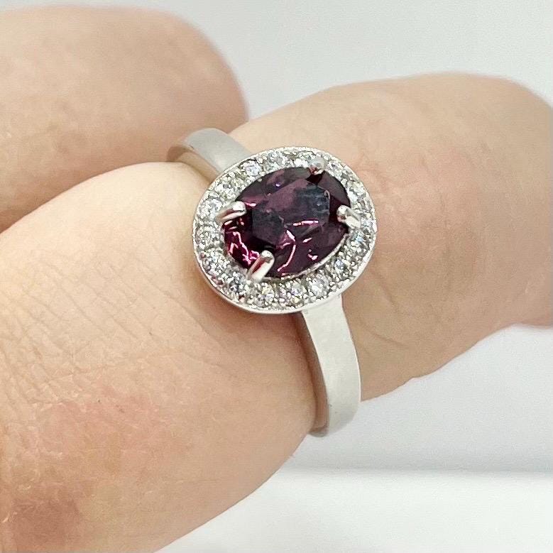 Sterling Silver Amethyst Glass Oval Cut Crystal Dress Ring with a Clear Crystal Sparkling Halo Size uk P 1/2 us 8 TheGreenGlassGemShop