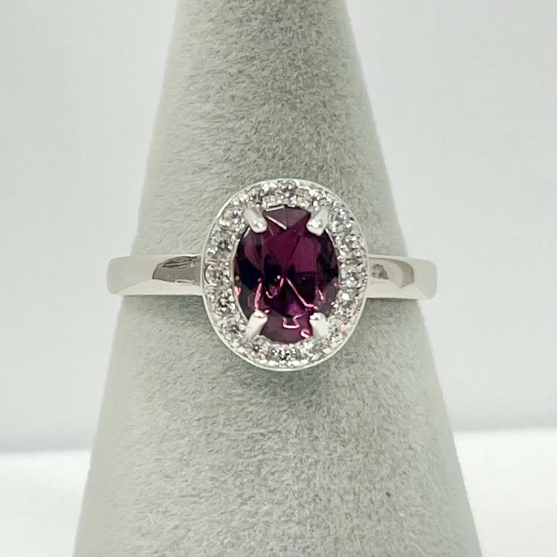 Sterling Silver Amethyst Glass Oval Cut Crystal Dress Ring with a Clear Crystal Sparkling Halo Size uk P 1/2 us 8 TheGreenGlassGemShop