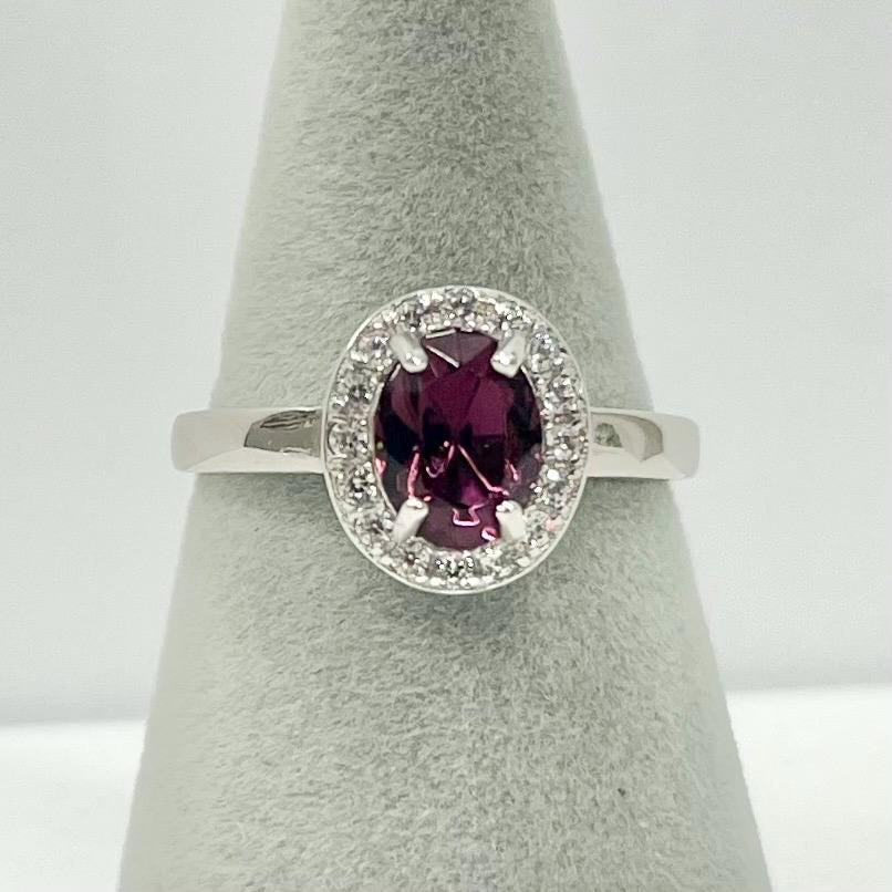 Sterling Silver Amethyst Glass Oval Cut Crystal Dress Ring with a Clear Crystal Sparkling Halo Size uk P 1/2 us 8 TheGreenGlassGemShop