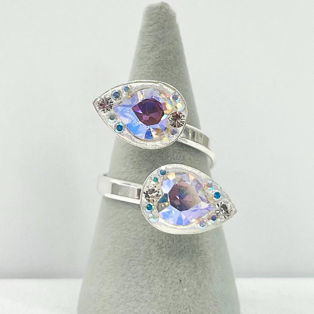 Sterling Silver Aurora Borealis Swarovski Crystal Heart Cut Dress Ring Wrap Around Adjustable Ring Unique Handmade Design TheGreenGlassGemShop