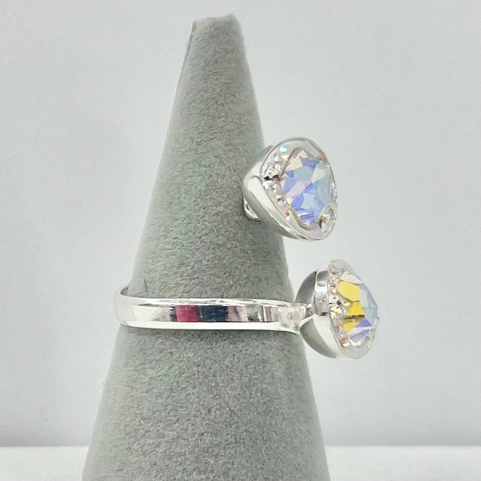 Sterling Silver Aurora Borealis Swarovski Crystal Heart Cut Dress Ring Wrap Around Adjustable Ring Unique Handmade Design TheGreenGlassGemShop