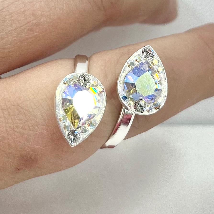 Sterling Silver Aurora Borealis Swarovski Crystal Heart Cut Dress Ring Wrap Around Adjustable Ring Unique Handmade Design TheGreenGlassGemShop