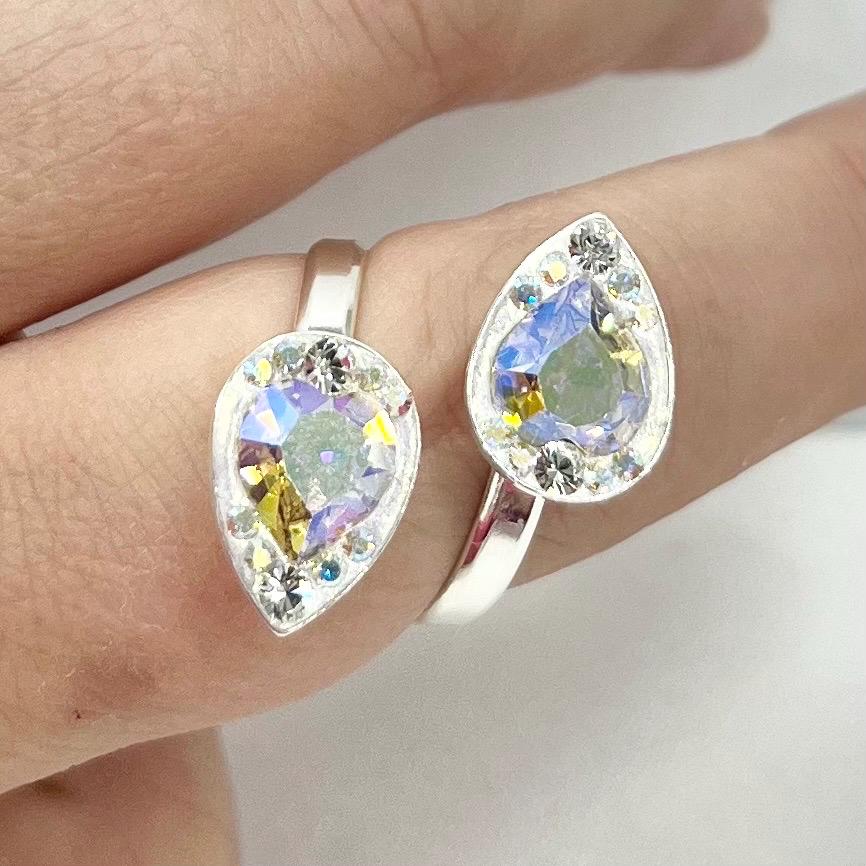 Sterling Silver Aurora Borealis Swarovski Crystal Heart Cut Dress Ring Wrap Around Adjustable Ring Unique Handmade Design TheGreenGlassGemShop