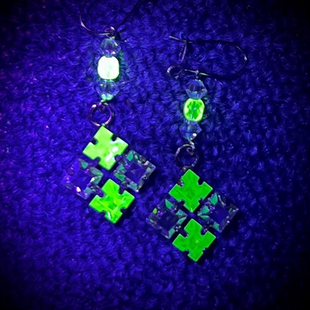 Vintage Aurora Borealis Green Uranium Glass Square Cut Crystal Drop Earrings UV Reactive Glow with Vintage Swarovski Crystals TheGreenGlassGemShop