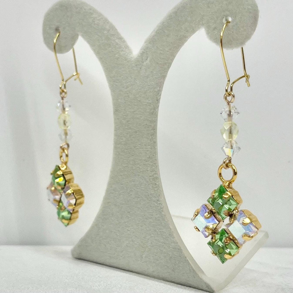 Vintage Aurora Borealis Green Uranium Glass Square Cut Crystal Drop Earrings UV Reactive Glow with Vintage Swarovski Crystals TheGreenGlassGemShop