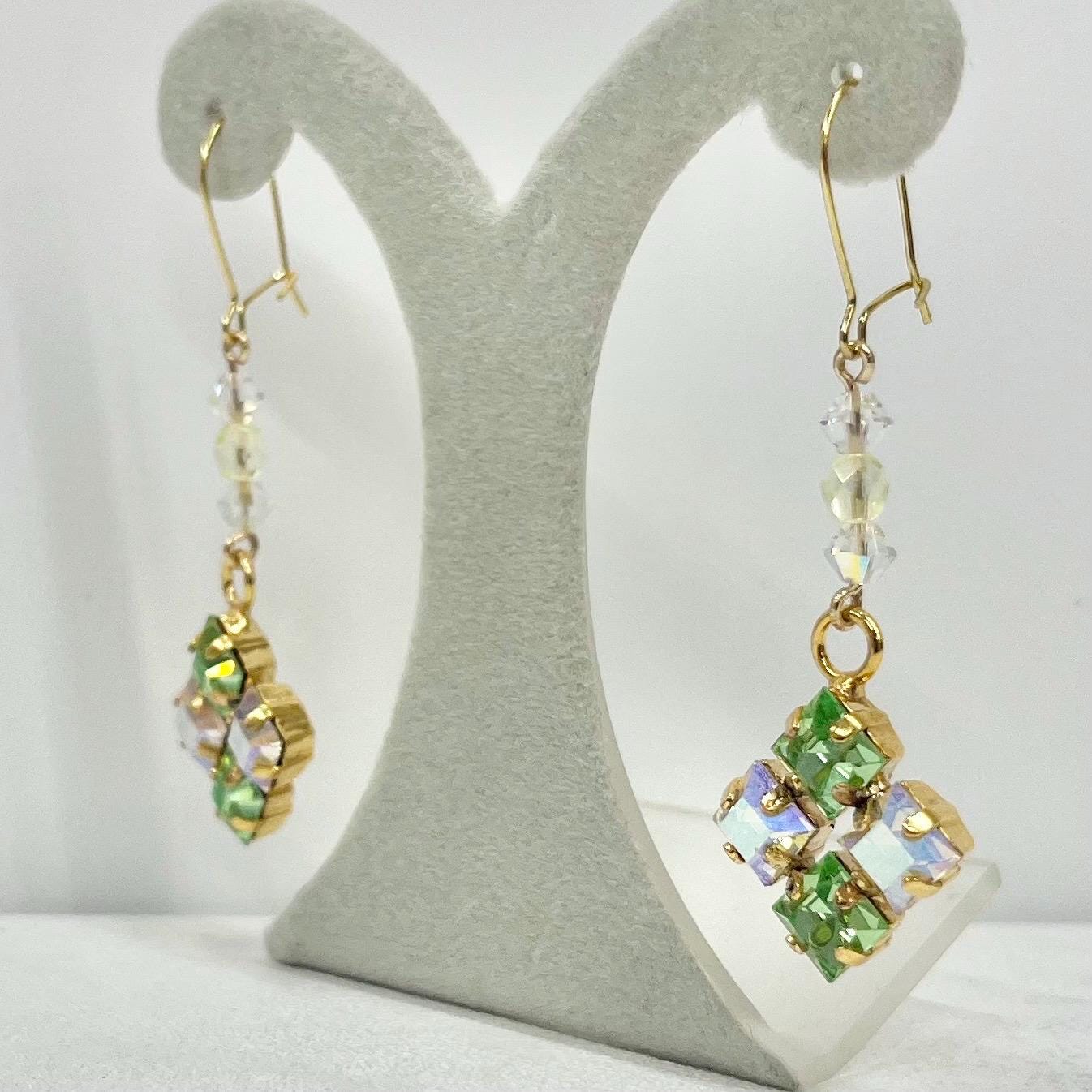Vintage Aurora Borealis Green Uranium Glass Square Cut Crystal Drop Earrings UV Reactive Glow with Vintage Swarovski Crystals TheGreenGlassGemShop