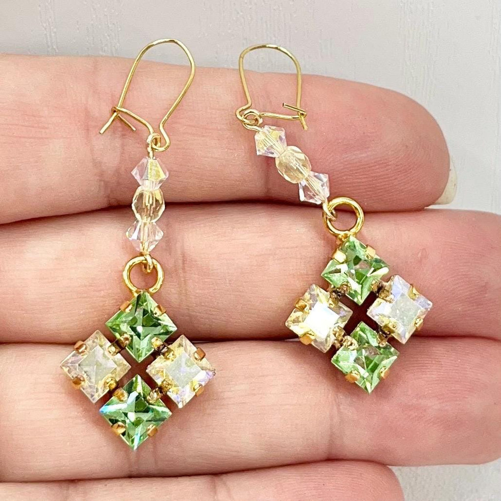 Vintage Aurora Borealis Green Uranium Glass Square Cut Crystal Drop Earrings UV Reactive Glow with Vintage Swarovski Crystals TheGreenGlassGemShop