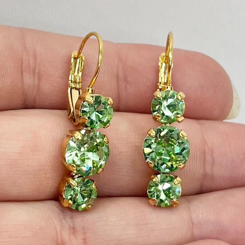 Vintage Green Uranium Glass Trio Crystal Drop Earrings UV Reactive Glow with Vintage Swarovski Crystals TheGreenGlassGemShop