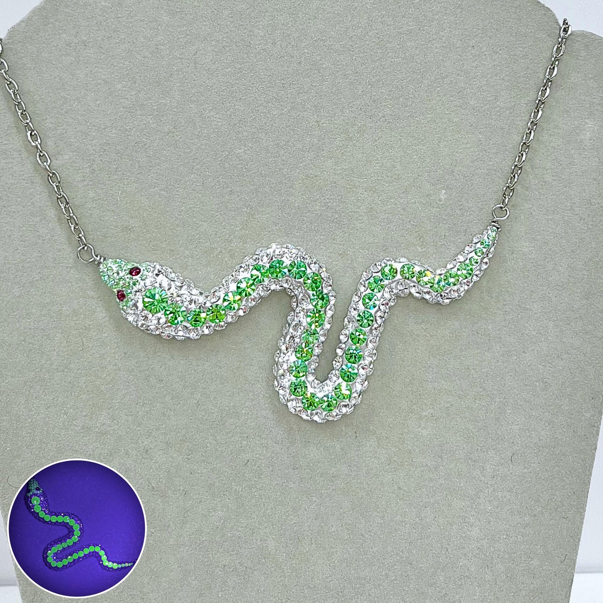 Swarovski Crystal Chaton Green Uranium & Clear Crystal Snake Necklace Silver Plate Chain UV Reactive Glow TheGreenGlassGemShop