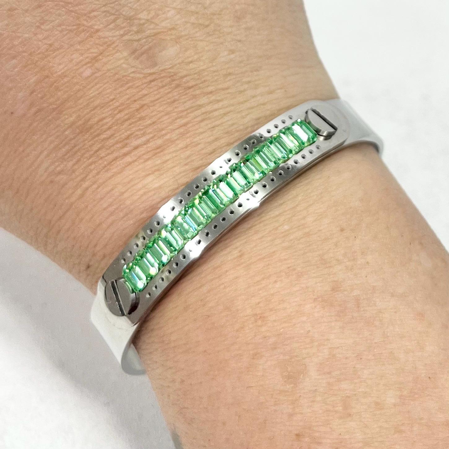 Swarovski Crystal Green Uranium Crystal Stainless Steel Bangle Bracelet Unisex Adjustable Fit UV Reactive Glow TheGreenGlassGemShop