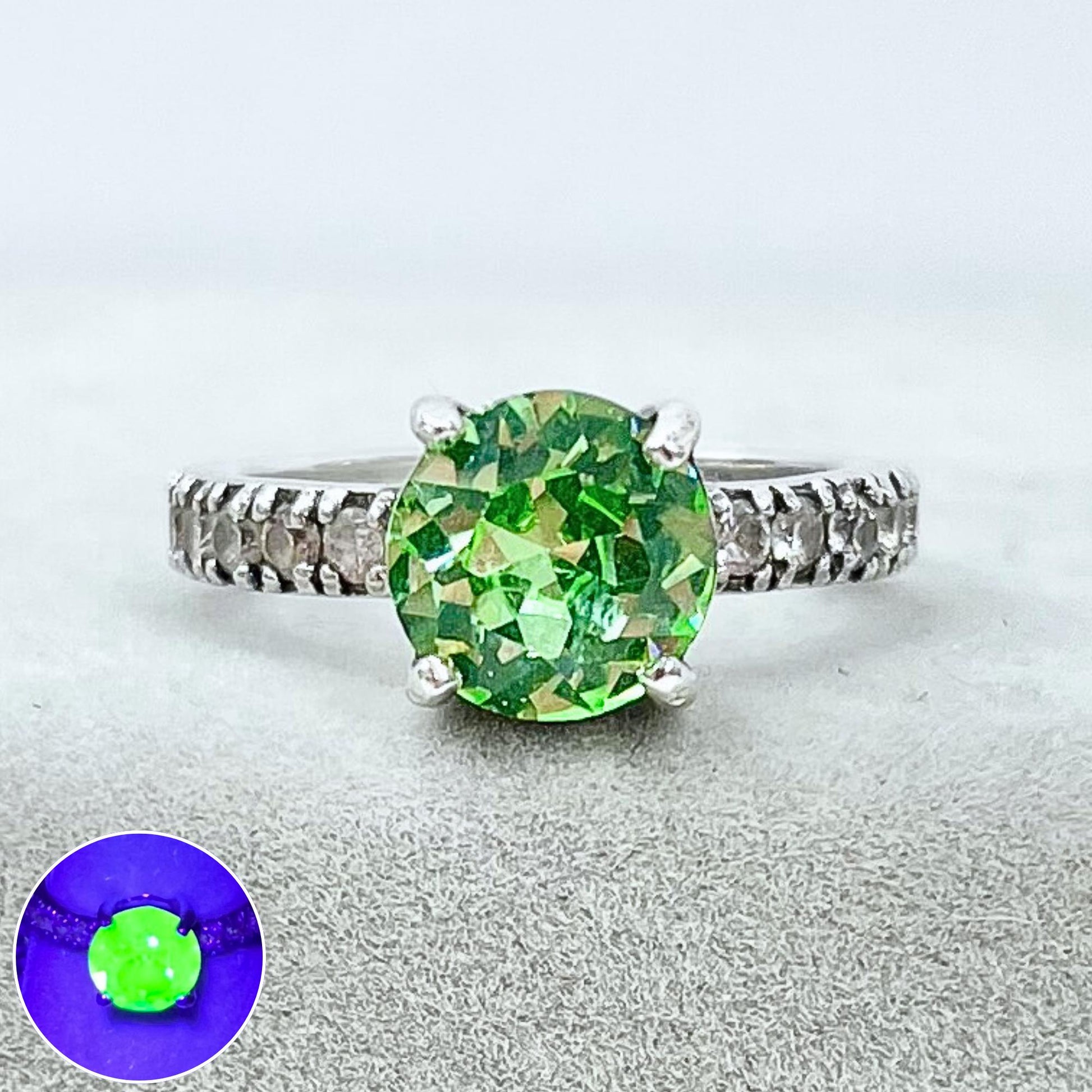Sterling Silver Green Uranium Glass Round Cut Crystal Solitaire Ring with a Full Crystal Band UV Reactive Glow Size uk N 1/2 or us 7 TheGreenGlassGemShop
