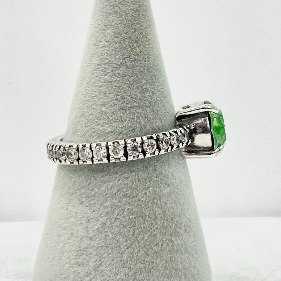Sterling Silver Green Uranium Glass Round Cut Crystal Solitaire Ring with a Full Crystal Band UV Reactive Glow Size uk N 1/2 or us 7 TheGreenGlassGemShop