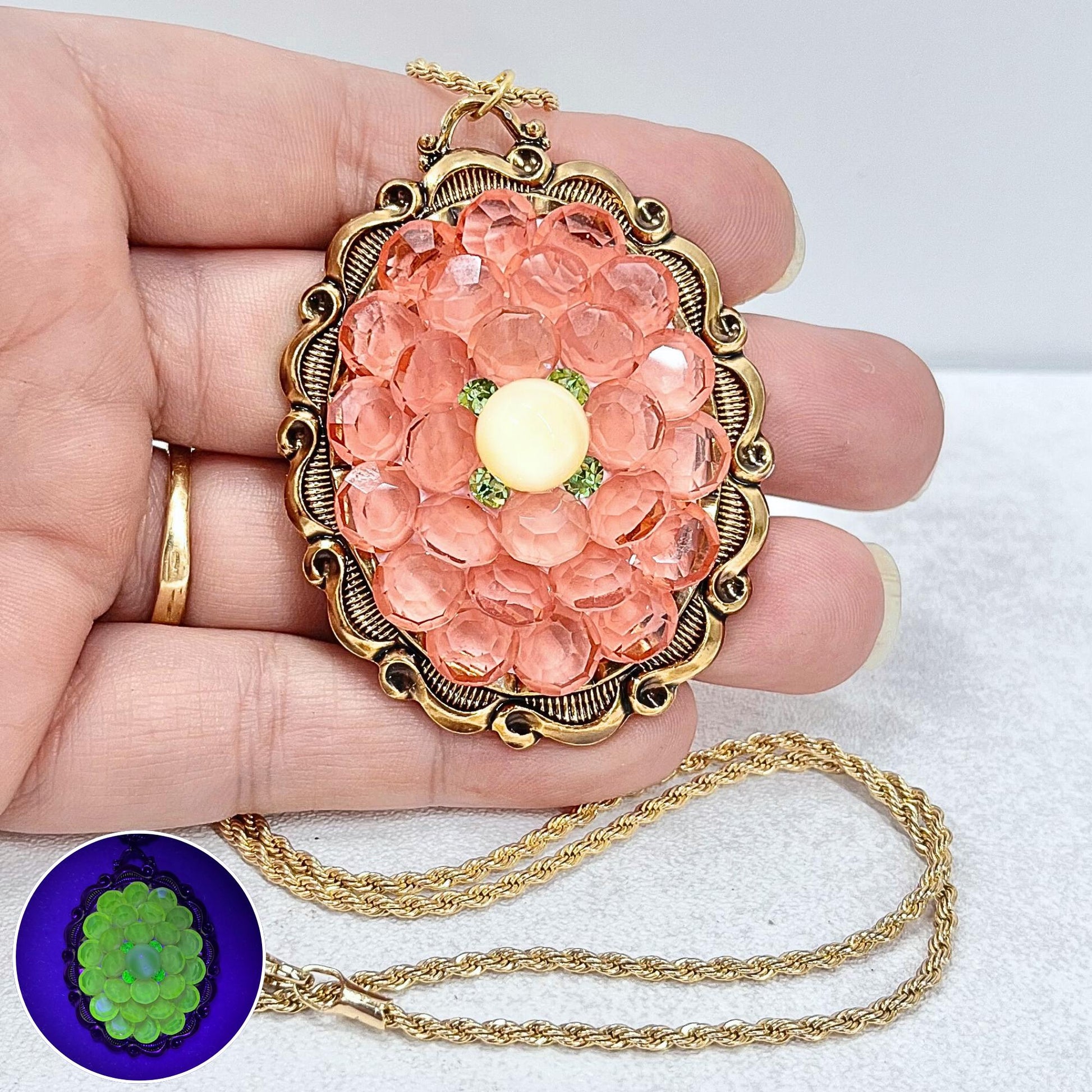 Large Pink Uranium Crystal Pendant and Chain with Vintage Uranium Swarovski Crystal Elements in a Rose Gold Tone Setting UV Reactive Glow TheGreenGlassGemShop