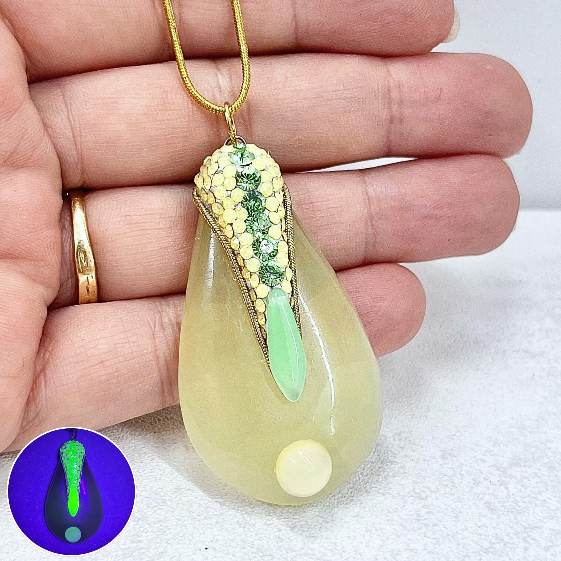 Large Semi Precious Teardrop Pendant and Chain with Vintage Uranium Swarovski Crystal Elements UV Reactive Glow 17” Chain TheGreenGlassGemShop