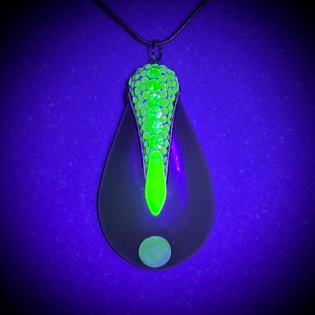 Large Semi Precious Teardrop Pendant and Chain with Vintage Uranium Swarovski Crystal Elements UV Reactive Glow 17” Chain TheGreenGlassGemShop