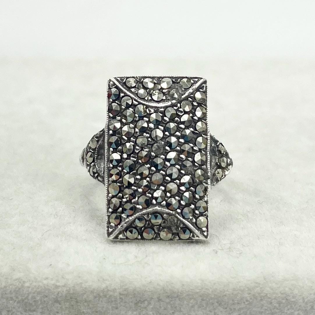 Vintage Art Deco Marcasite Ring Sterling Silver Statement Rectangle Design Size UK O / US 7 1/2 1930’s TheGreenGlassGemShop