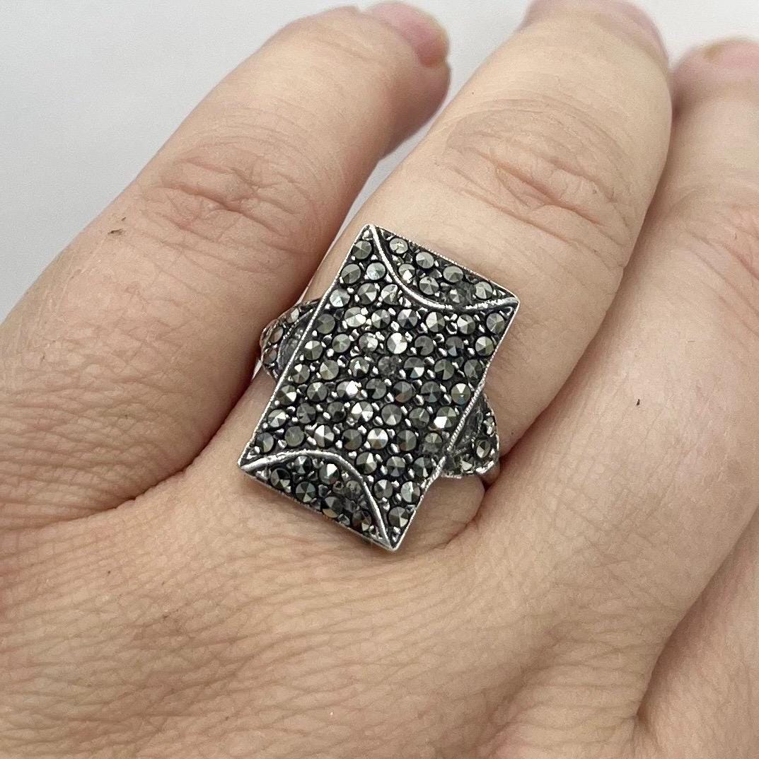 Vintage Art Deco Marcasite Ring Sterling Silver Statement Rectangle Design Size UK O / US 7 1/2 1930’s TheGreenGlassGemShop