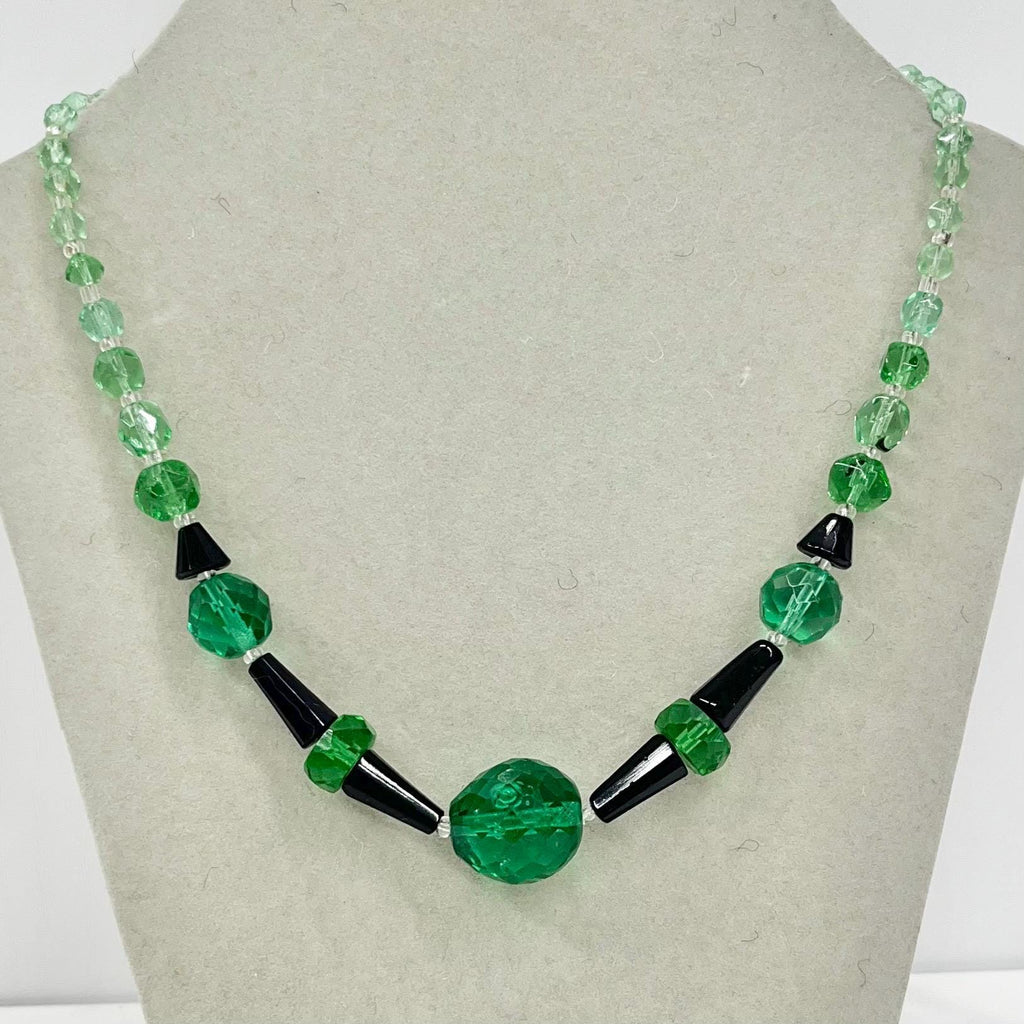 Vintage Art Deco Teal Green Uranium Glass & Black Bead Necklace Bright Green UV Reactive Glow Jewellery TheGreenGlassGemShop