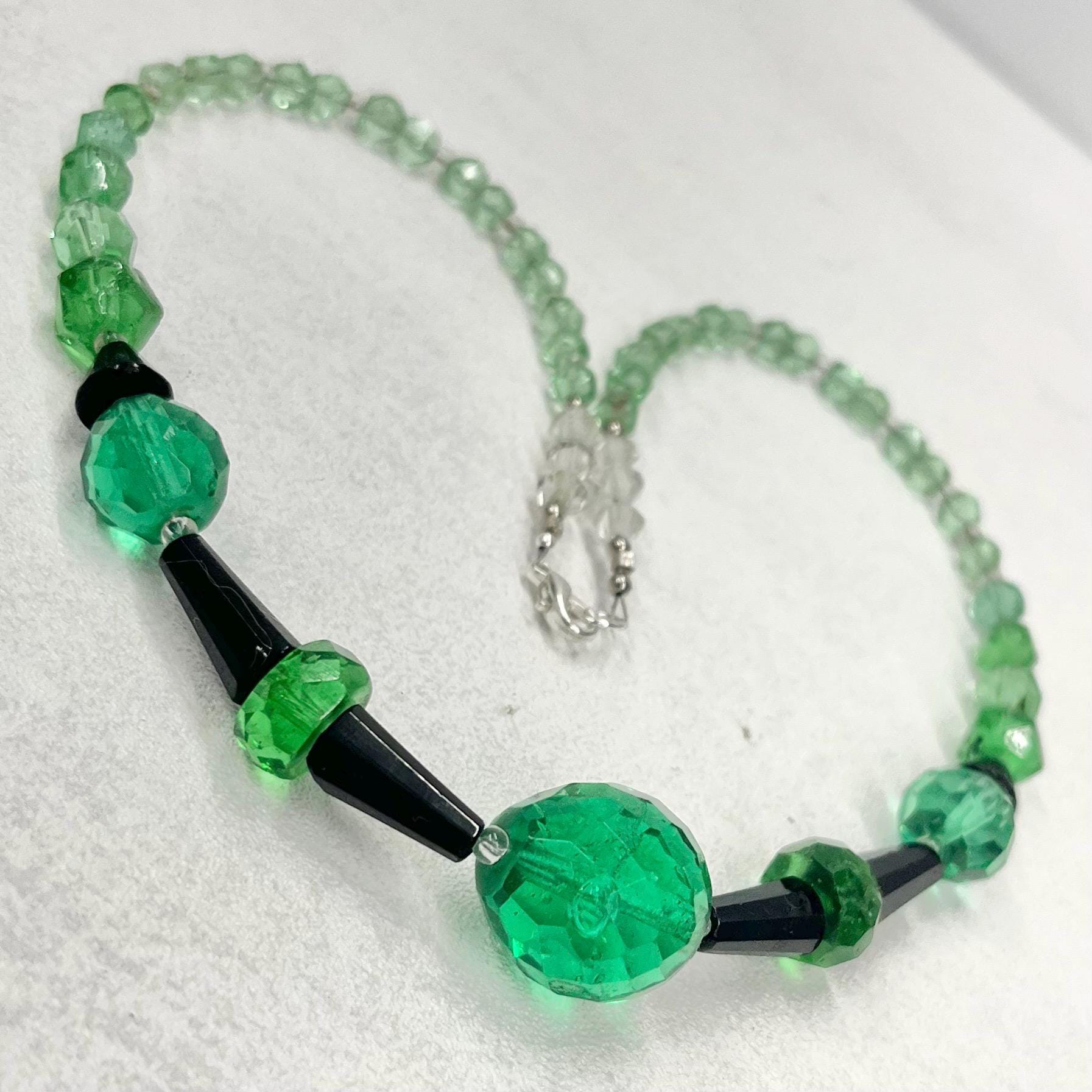Vintage Art Deco Teal Green Uranium Glass & Black Bead Necklace Bright Green UV Reactive Glow Jewellery TheGreenGlassGemShop