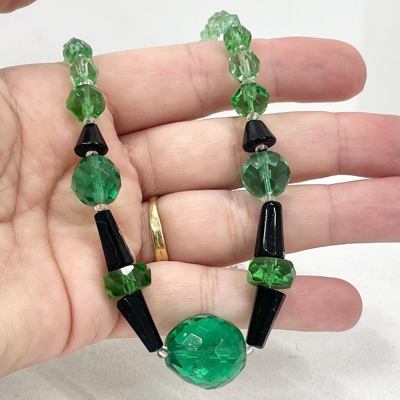 Vintage Art Deco Teal Green Uranium Glass & Black Bead Necklace Bright Green UV Reactive Glow Jewellery TheGreenGlassGemShop