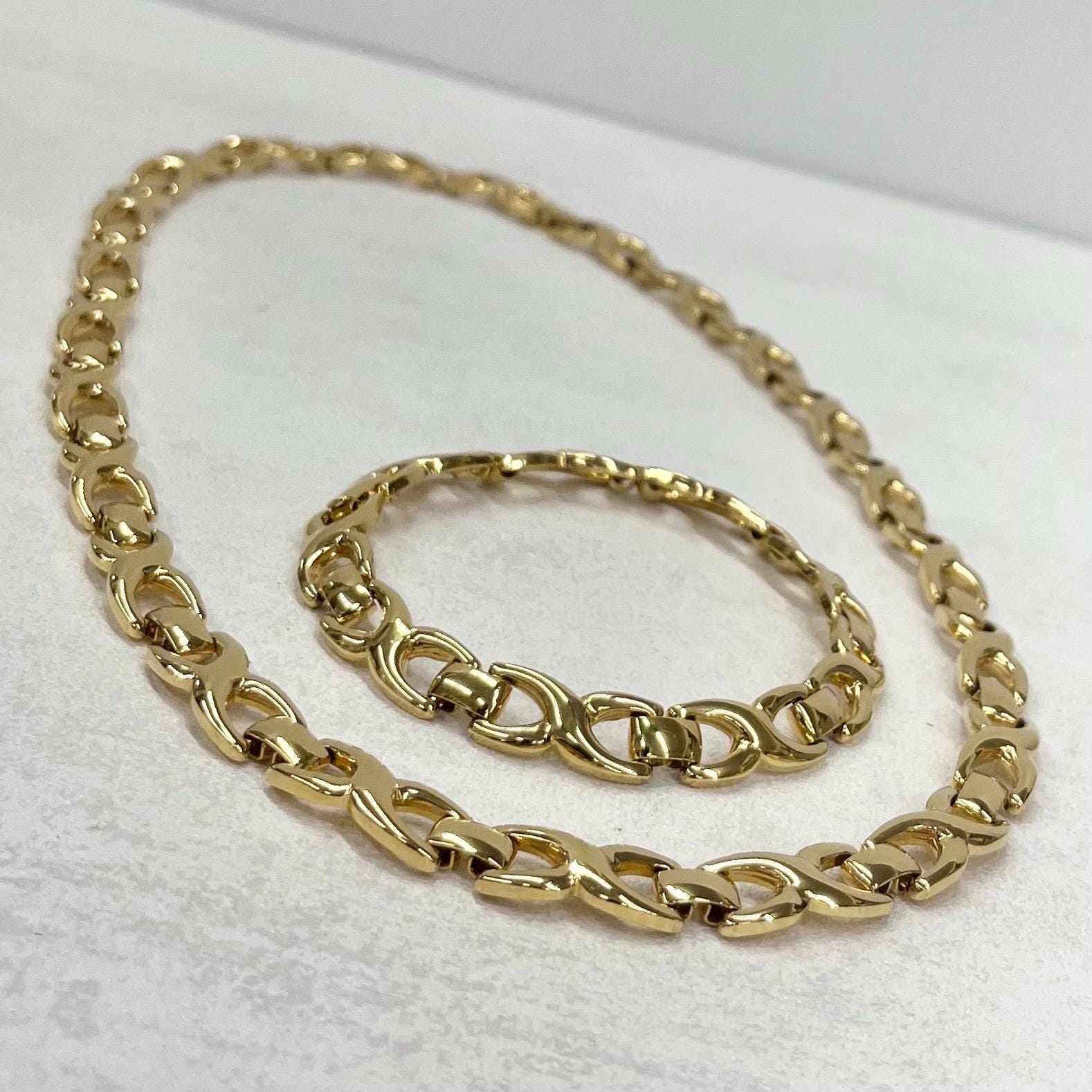 Vintage Monet Gold Plated Fancy Flat Chain Necklace & Bracelet Set 18.5” Necklace 7” Bracelet TheGreenGlassGemShop