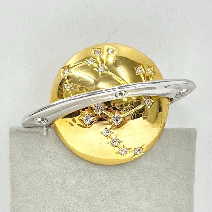 Vintage Saturn Planet Brooch Gold Tone with Austrian Crystal Accents Statement Piece Space Themed TheGreenGlassGemShop