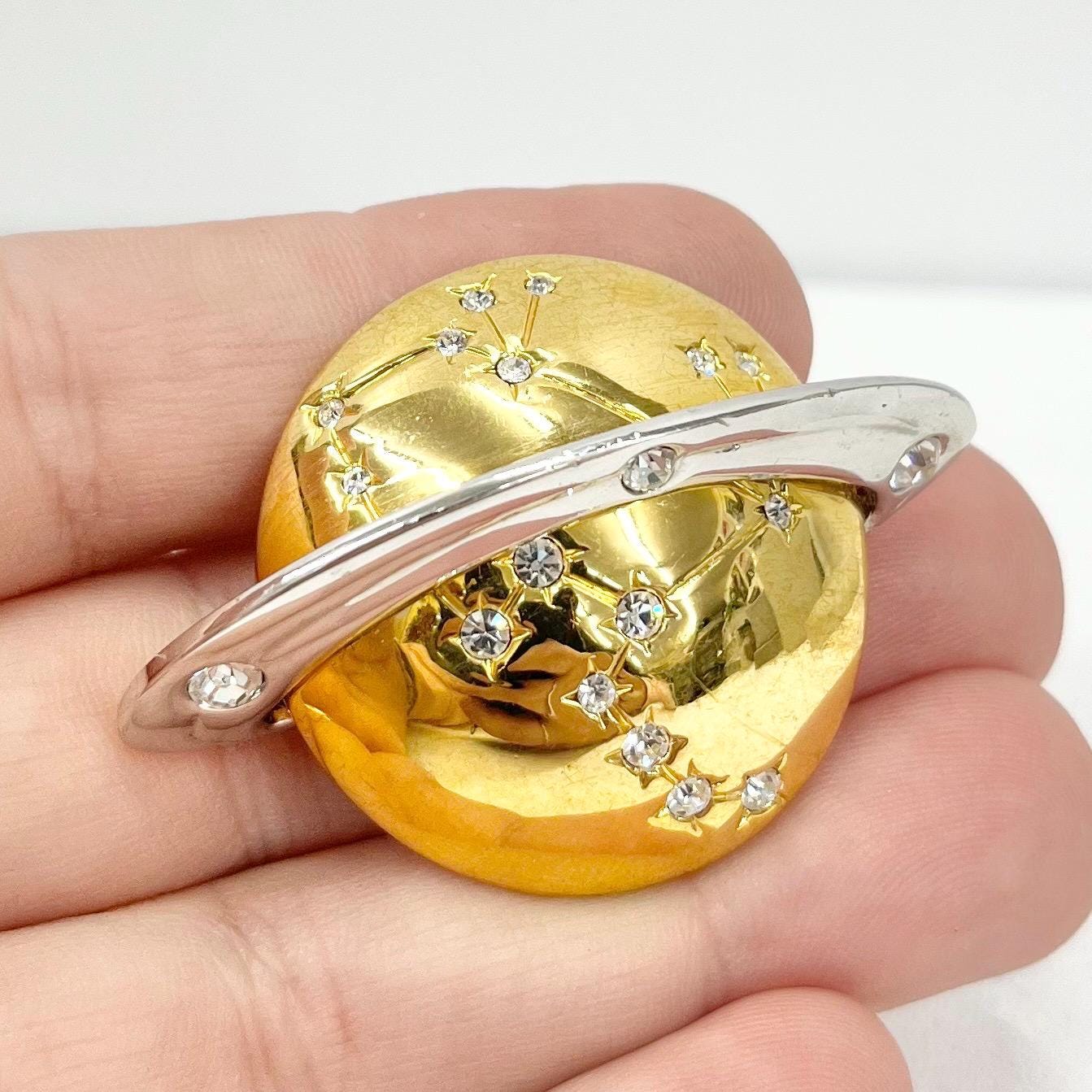 Vintage Saturn Planet Brooch Gold Tone with Austrian Crystal Accents Statement Piece Space Themed TheGreenGlassGemShop