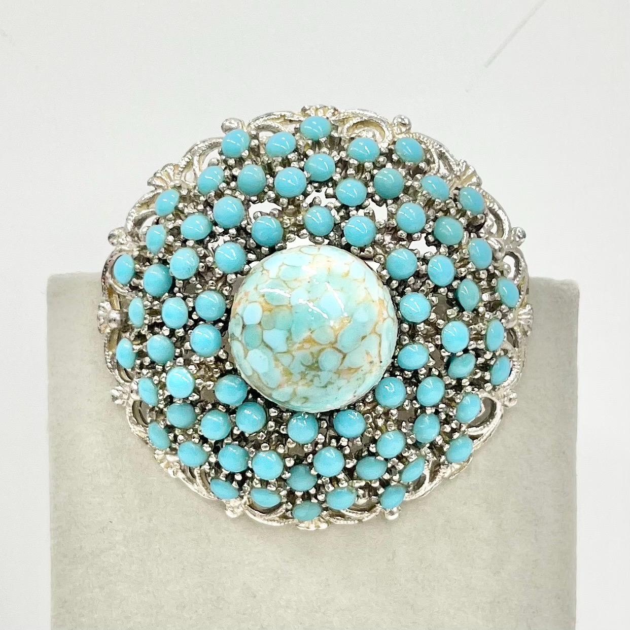 Vintage Large Turquoise Matrix Blue Set Brooch Silver Tone Domed Round with a Czech Cabochon Centre TheGreenGlassGemShop