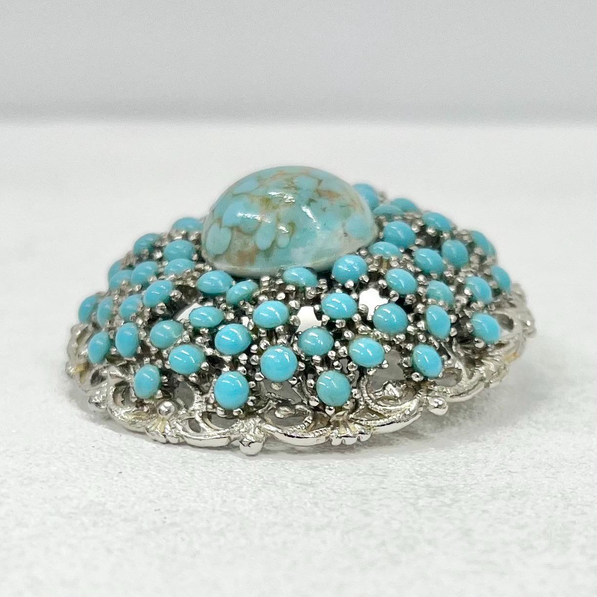 Vintage Large Turquoise Matrix Blue Set Brooch Silver Tone Domed Round with a Czech Cabochon Centre TheGreenGlassGemShop