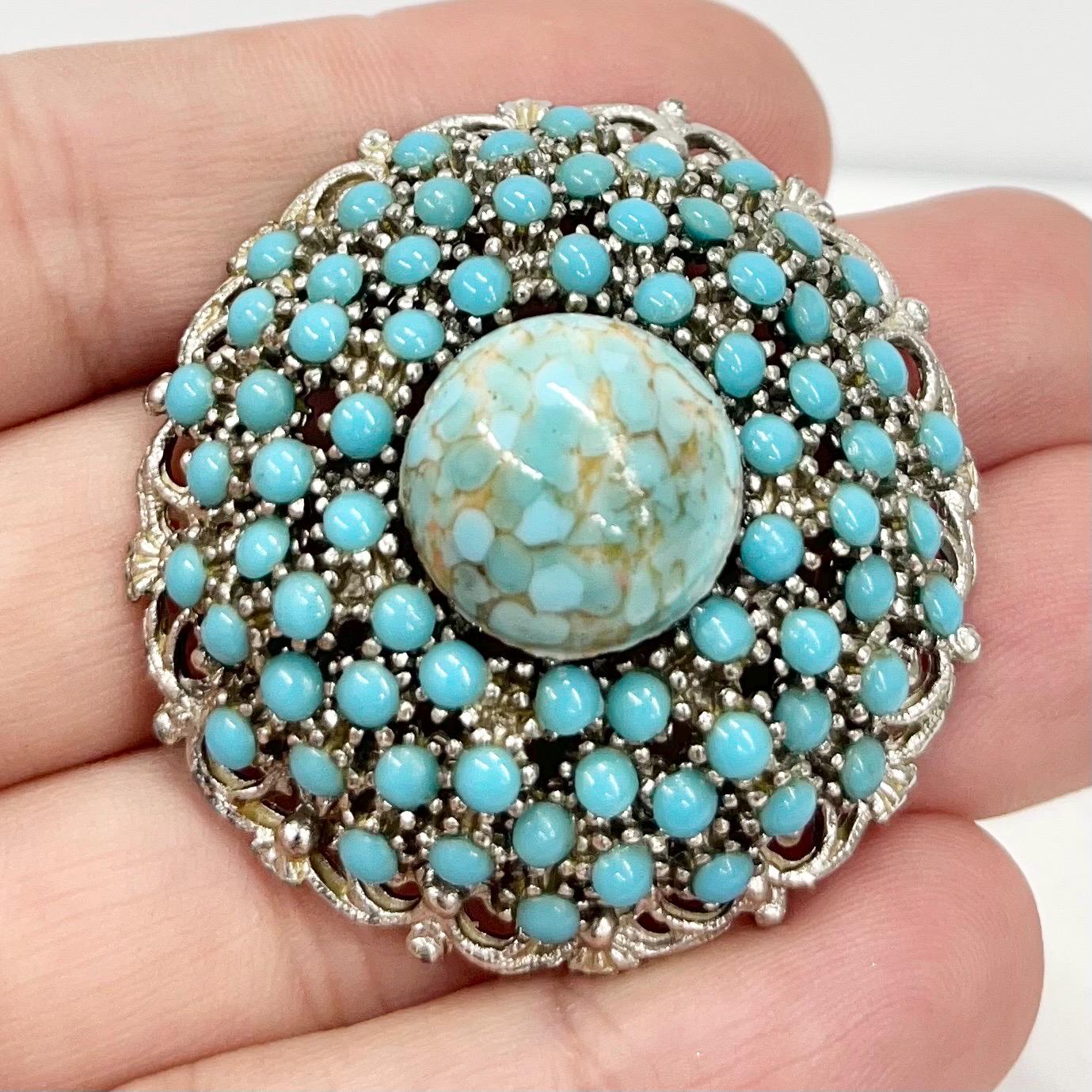 Vintage Large Turquoise Matrix Blue Set Brooch Silver Tone Domed Round with a Czech Cabochon Centre TheGreenGlassGemShop