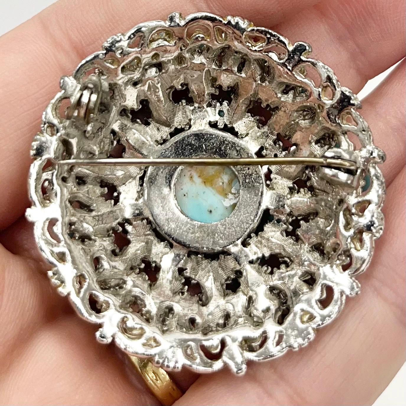 Vintage Large Turquoise Matrix Blue Set Brooch Silver Tone Domed Round with a Czech Cabochon Centre TheGreenGlassGemShop