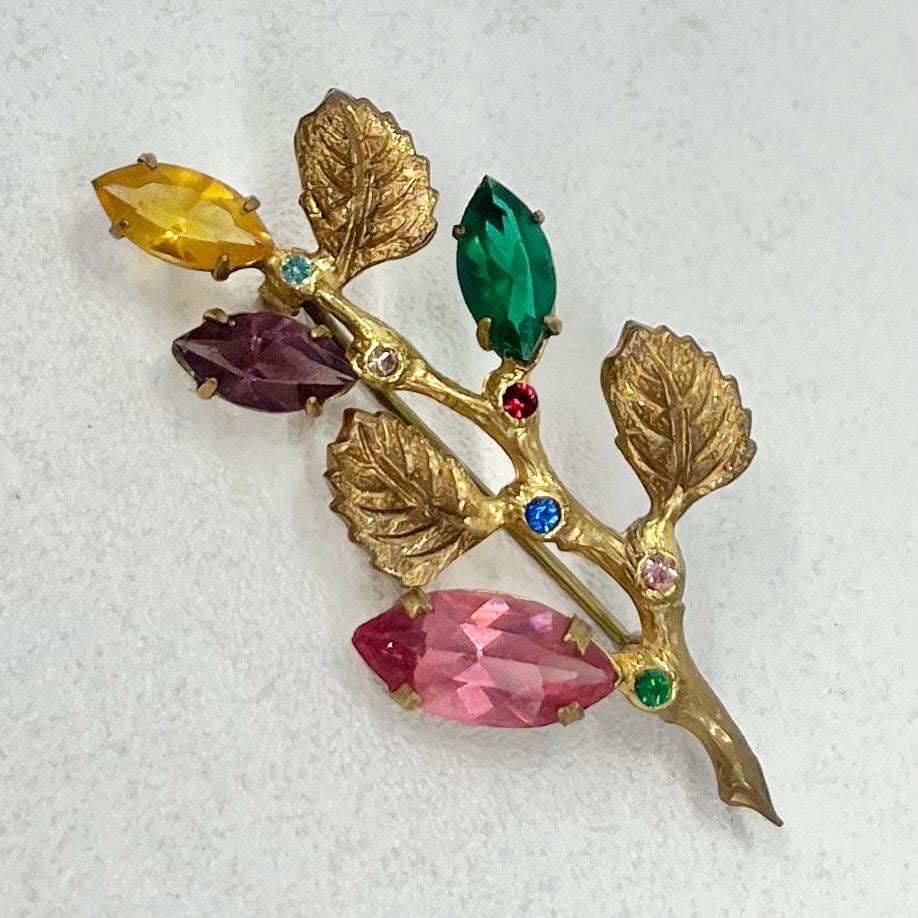 Vintage Gold Tone Floral Branch Style Brooch with Multi Coloured Cut Crystal Accents TheGreenGlassGemShop
