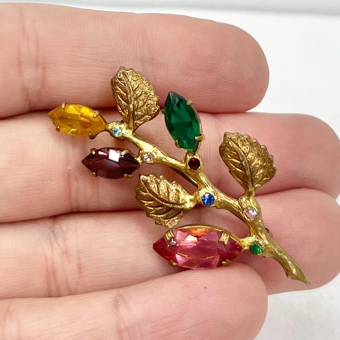 Vintage Gold Tone Floral Branch Style Brooch with Multi Coloured Cut Crystal Accents TheGreenGlassGemShop