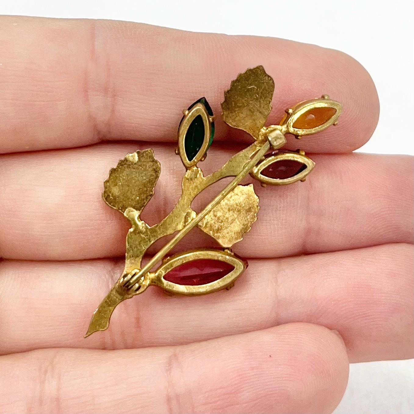 Vintage Gold Tone Floral Branch Style Brooch with Multi Coloured Cut Crystal Accents TheGreenGlassGemShop