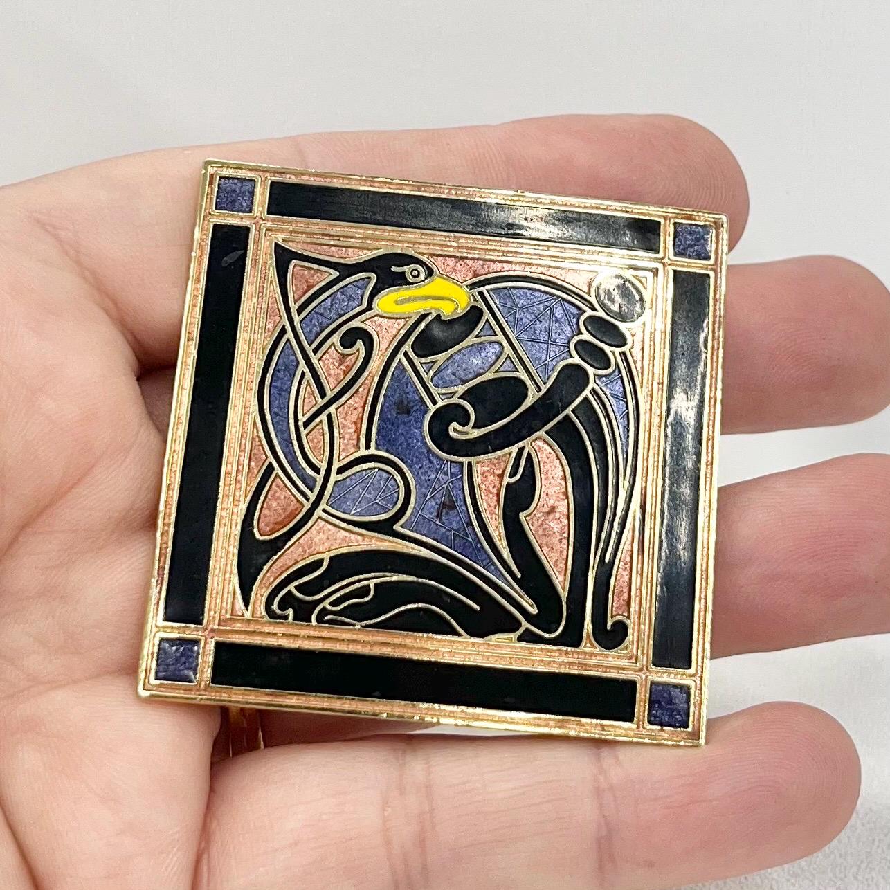 Vintage Large Gold Tone Cloisonne Enamel Square Celtic Brooch Excellent Quality Costume Jewellery Statement Piece TheGreenGlassGemShop